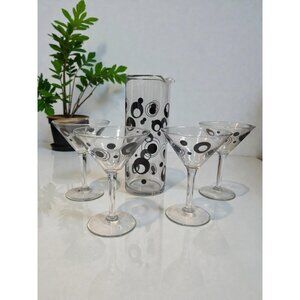 Mid-Century Modern Black Polka Dot Martini Glass Set With Matching Pitcher